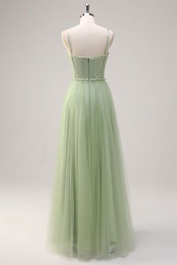 Sage A Line Spaghetti Straps Corset Long Tulle Bridesmaid Dress